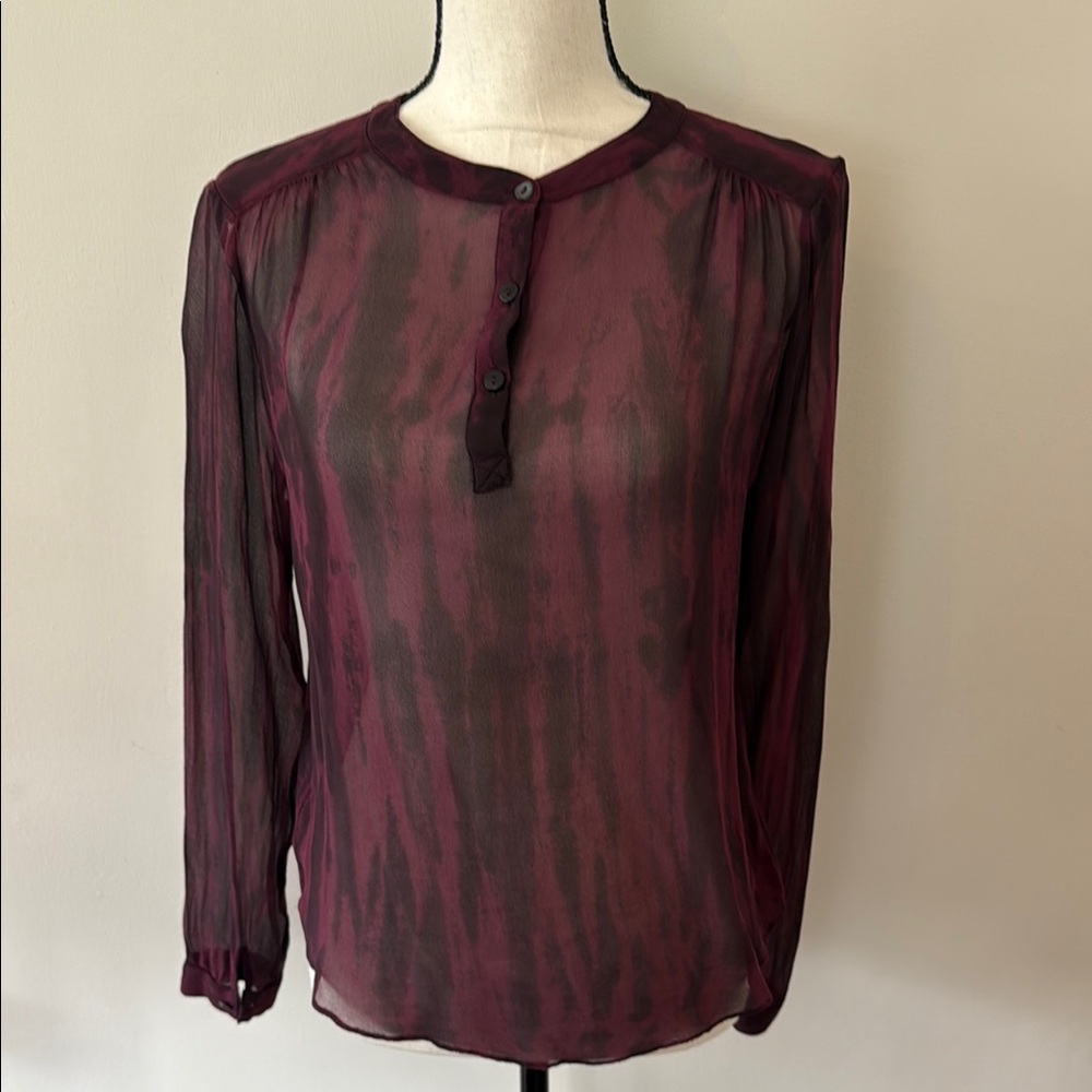 Red Haute Sheer Red Blouse with Mandarin Collar and Long Sleeves